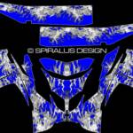 The True Fire sled wrap for Polaris IQ Racer chassis snowmobiles, shown with charcoal flame and blue background