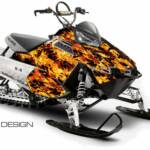 The True Fire sled wrap for Polaris PRO RMK and Rush snowmobiles, shown with natural flame and black background and optional tank pieces