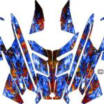 The True Fire sled wrap for Polaris PRO RMK and Rush snowmobiles, shown with blue flame and inferno background