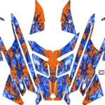 The True Fire sled wrap for Polaris PRO RMK and Rush snowmobiles, shown with blue flame and orange background