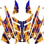 The True Fire sled wrap for Polaris PRO RMK and Rush snowmobiles, shown with natural flame and blue inferno background