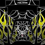Polaris RZR Webby Metal wrap, with black background and yellow flames