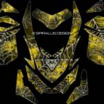 The Webby Metal sled graphic for Ski Doo REV XP sleds, in yellow. For Summits, MXZ, Renegades